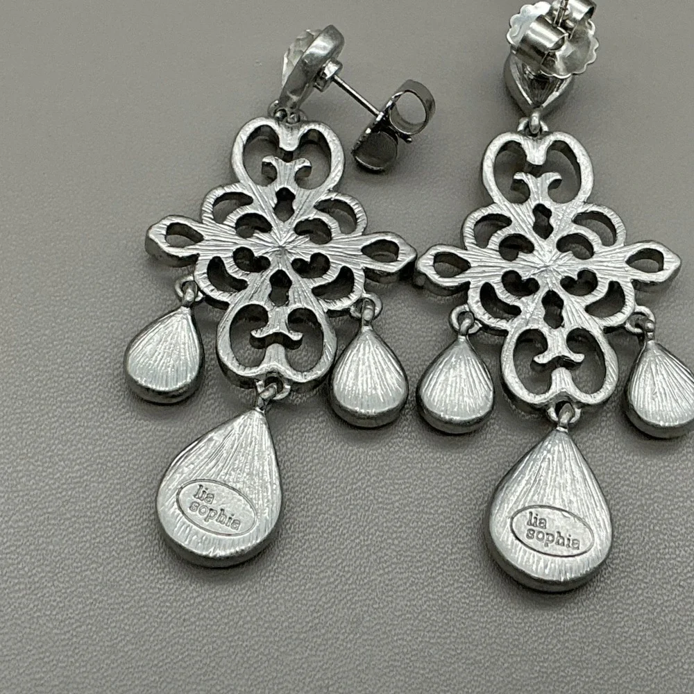 Lia‎ Sophia Earrings Womens Silver Tone Filigree Crystal Dangle Drop 2.25 Inch